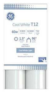 GE 40302 Fluorescent Linear Tube Light Bulb, 60 W, T12 Lamp, Single Pin Lamp Base, 5500 Lumens, 4100 K Color Temp